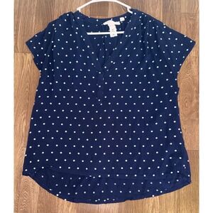 LOGG HM Navy Blue Polka Dot V-Neck Short Sleeve Blouse Top Womens Size 8